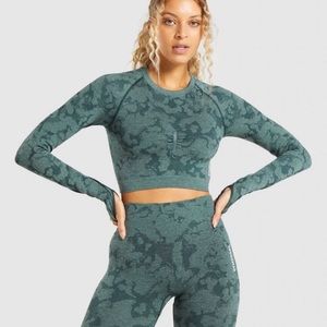 Gymshark Adapt Camo Seamless Long Sleeve Crop Top - Dark Green Worn Once Size S